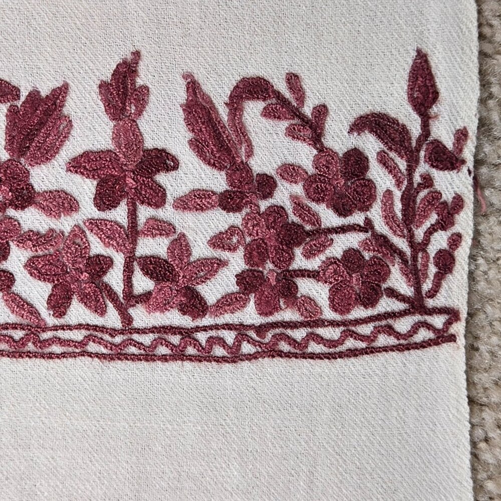 Woven Wool Scarf with Burgundy Pink Purple Embroidered Flowers and Unique Hem - Picture 7 of 11